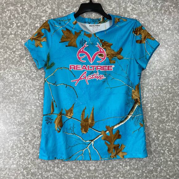 Realtree Active Bright Blue Leaf Short Sleeve T-Shirt - Size Large - Activewear - Picture 1 of 5